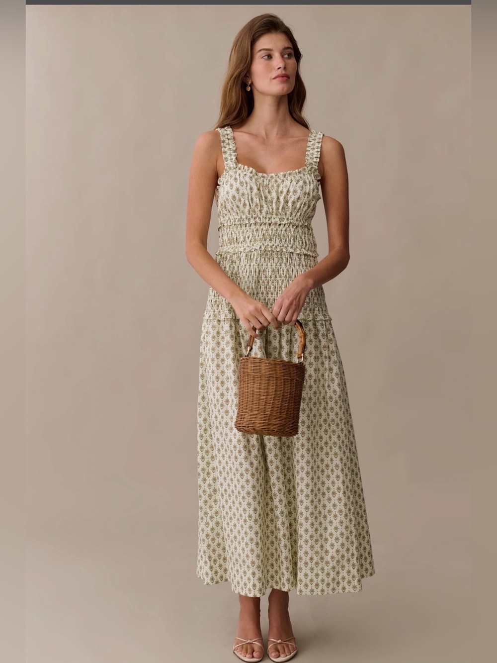 O.p.t Freya Cotton Dress, Smocked Square-Neck Maxi Dress in Light Green Floral